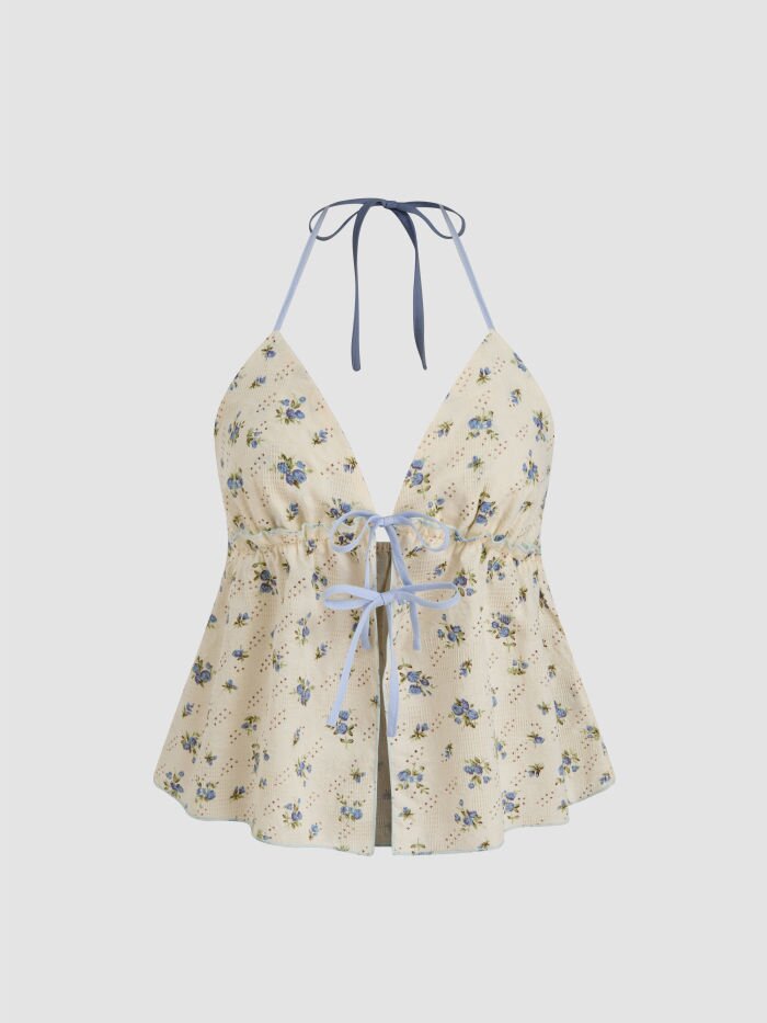 Damen luftiges Blusenshirt mit floralem Print und verstellbarem Kordelzug Drune