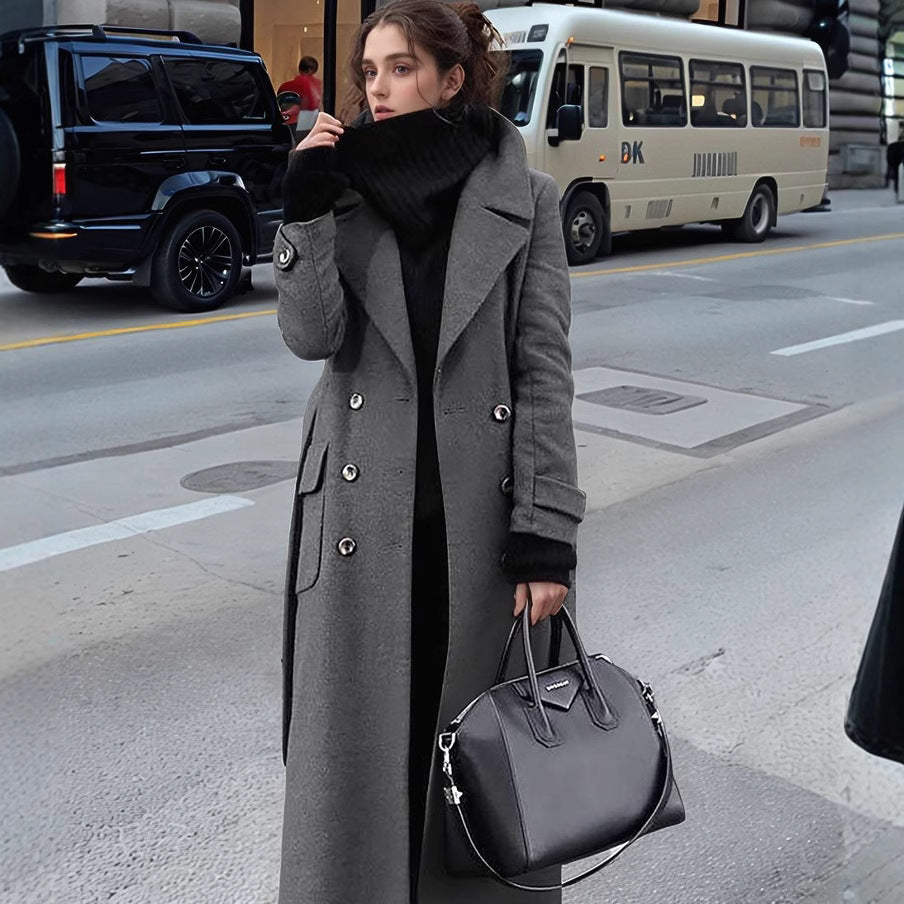 Damen nan eleganter Maxi-Wollmixmantel mit doppelreihiger Knopfleiste, weitem Reverskragen und aufgesetzten Taschenklappen Drune
