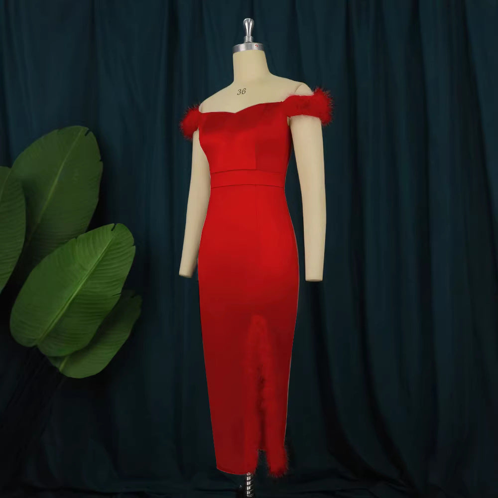 Damen elegantes Abendkleid mit raffinierter Feder-Verzierung Drune