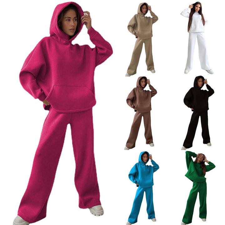 Damen nan Cozy-Komplettset mit extraweichem Oversize-Hoodie, Kängurutasche und High-Waist Palazzo-Sweathose Drune