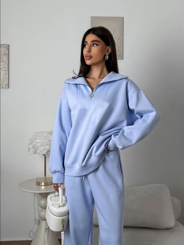 Damen eleganter Fleece-Sportanzug mit hochgeschlossenem Kragen und praktischem Reißverschluss Drune