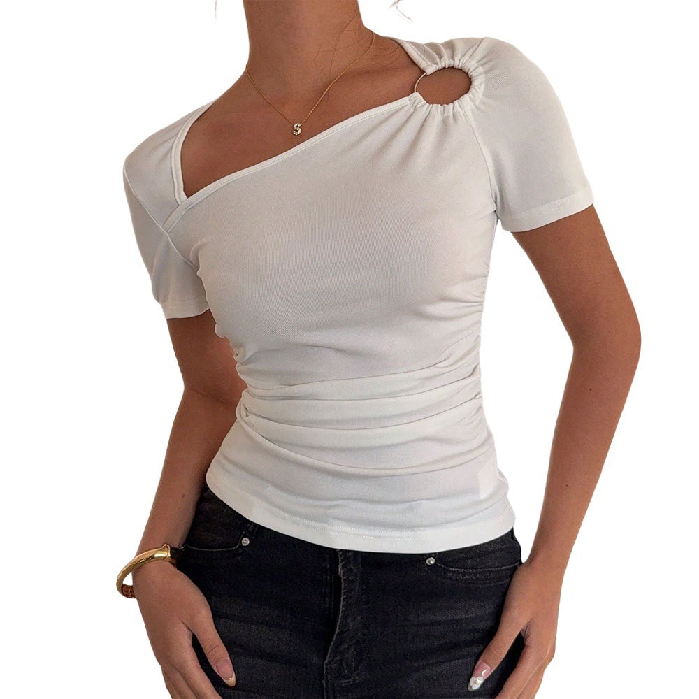 Damen modisches Kurzarmshirt mit asymmetrischem Ausschnitt und Raffung Drune