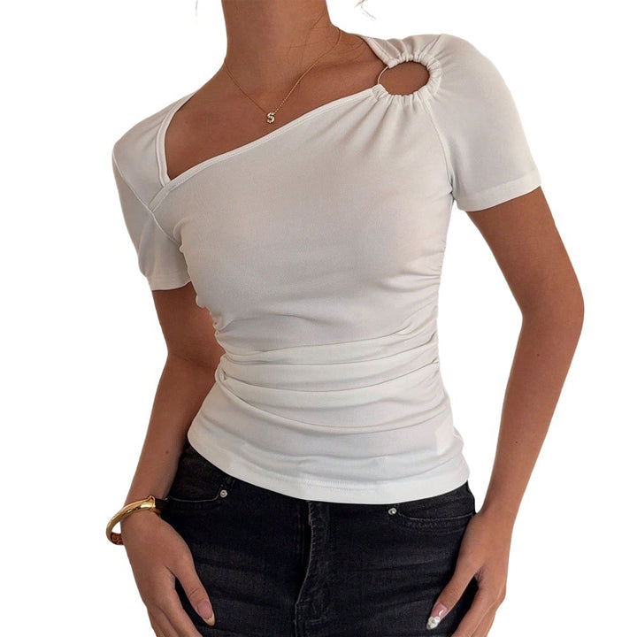 Damen modisches Kurzarmshirt mit asymmetrischem Ausschnitt und Raffung Drune