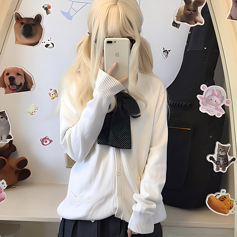 Damen College Strickjacke mit klassischem Kragen und dekorativem Schleifen-Design Drune