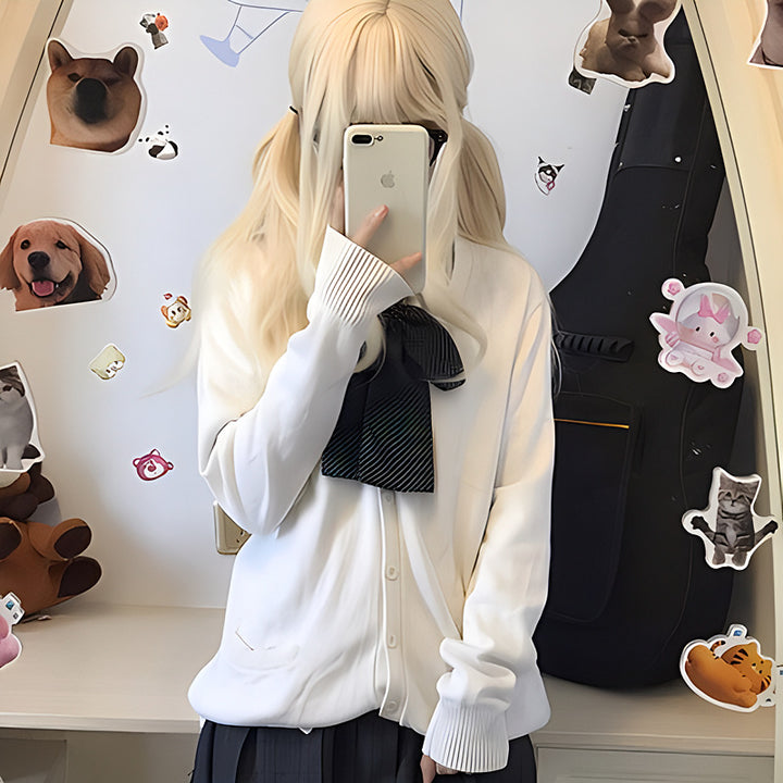 Damen College Strickjacke mit klassischem Kragen und dekorativem Schleifen-Design Drune