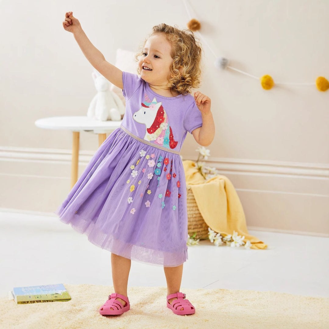 Mädchen Tüllkleid mit bunten Einhorn- und Blumenapplikationen Drune