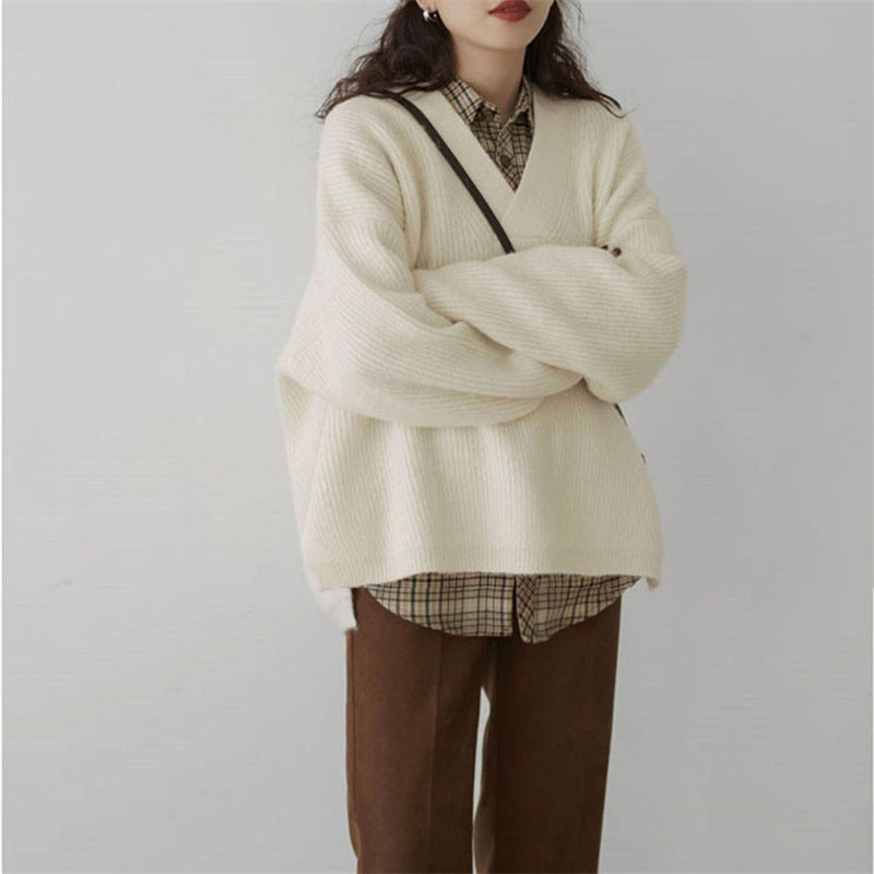 Damen V-Ausschnitt Grobstrickpullover Drune