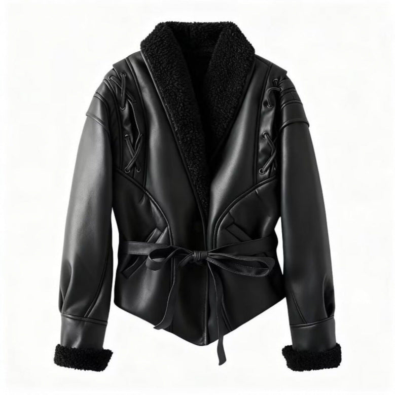 Drune | Damen Fake Lederjacke mit Teddy Futter
