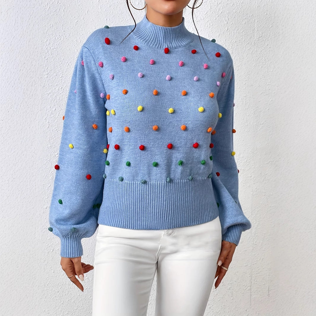 Damen modischer Pullover mit bunten Quasten und Stehkragen Drune