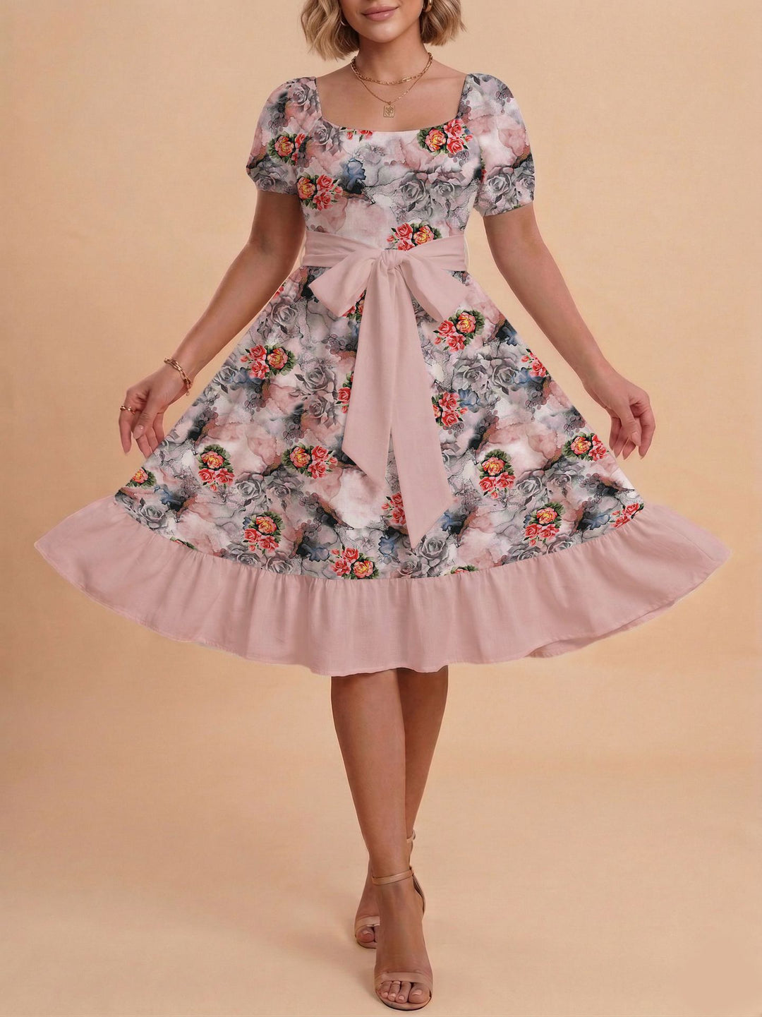 Damen Retro Maxikleid mit Puffärmeln und Taillengürtel Drune