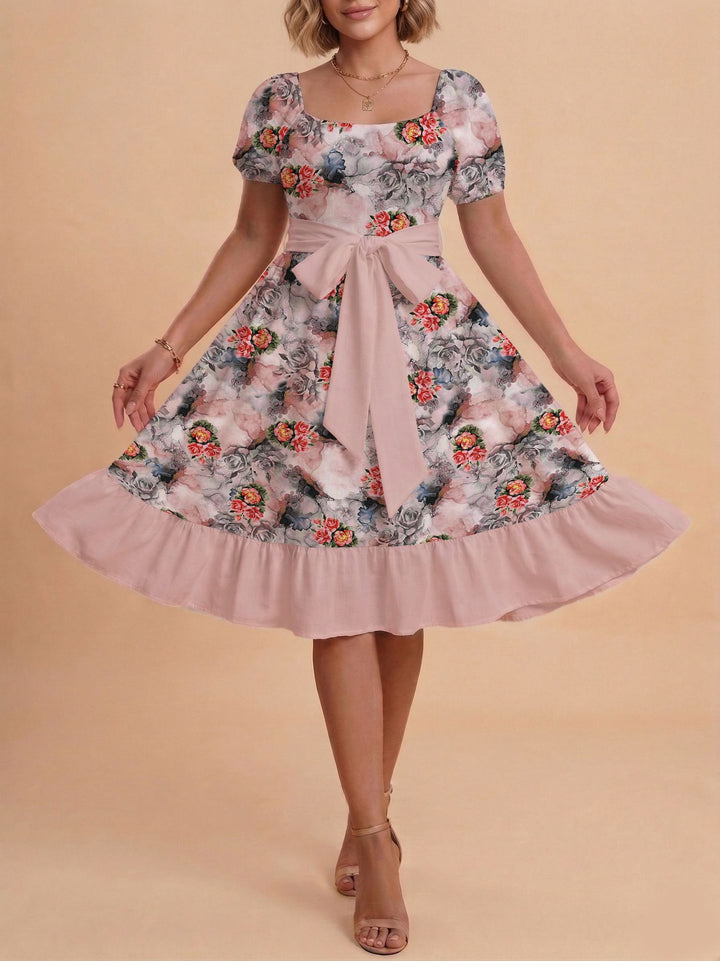 Damen Retro Maxikleid mit Puffärmeln und Taillengürtel Drune