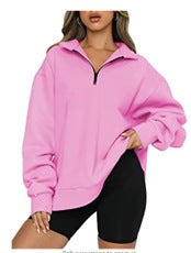 Damen nan oversized Sweatshirt mit halbem Reißverschluss, weichem Fleece-Innenfutter und Kängurutasche Drune