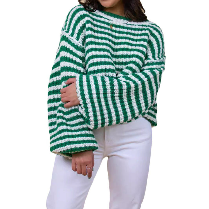 Damen Cropped Strickpullover mit weit ausgestellten Ärmeln und Streifenmuster Drune