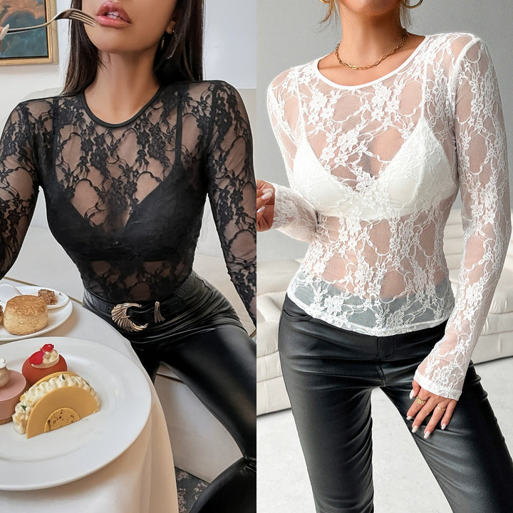Damen Elegantes Spitzenshirt mit transparentem Design Drune