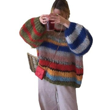 Damen Kuscheliger Strickpullover mit weit ausgestellten Ärmeln und buntem Streifenmuster Drune