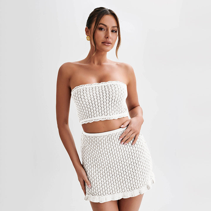 Damen Strick-Bandeau Top mit passendem Rock Drune