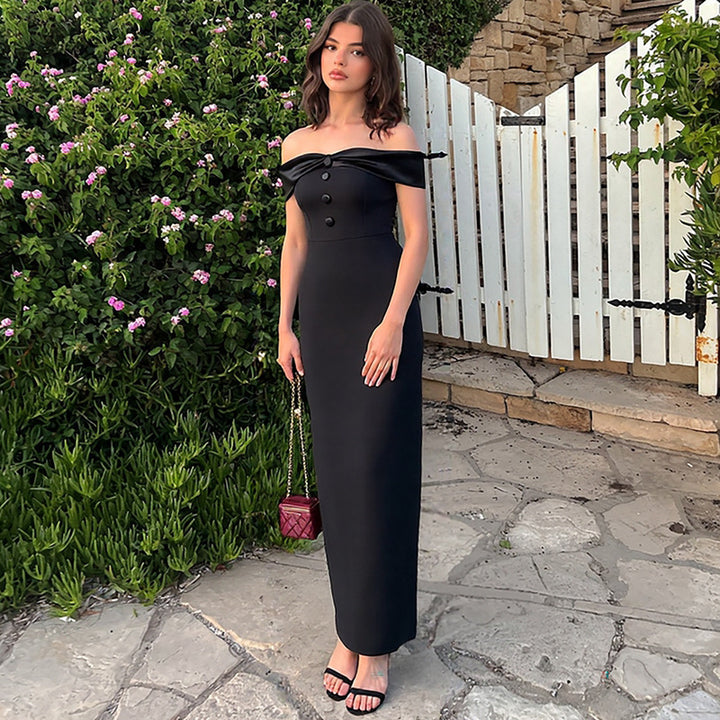 Damen Elegantes schulterfreies Maxikleid mit Knopfleiste Drune
