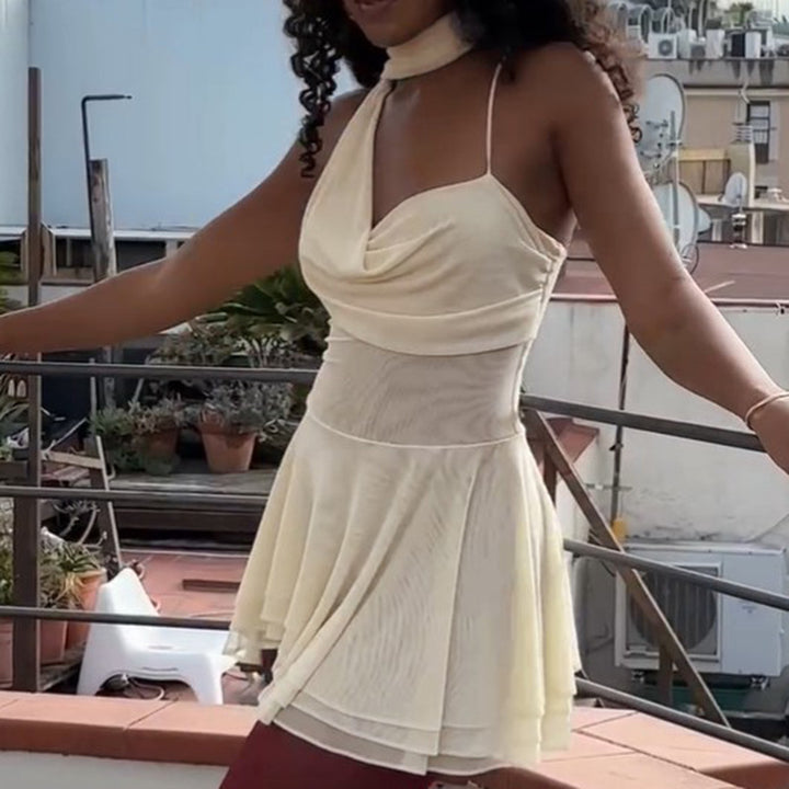 Damen elegantes asymmetrisches Mini-Kleid mit dekorativem Schulterband und fließendem Saum Drune