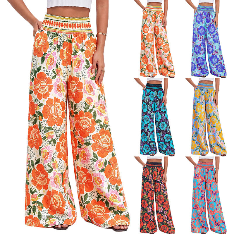 Damen luftige Palazzo-Hose mit floralen Mustern und elastischem Bund Drune