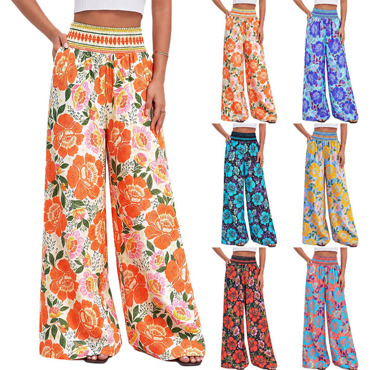 Damen luftige Palazzo-Hose mit floralen Mustern und elastischem Bund Drune