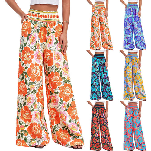 Damen luftige Palazzo-Hose mit floralen Mustern und elastischem Bund Drune