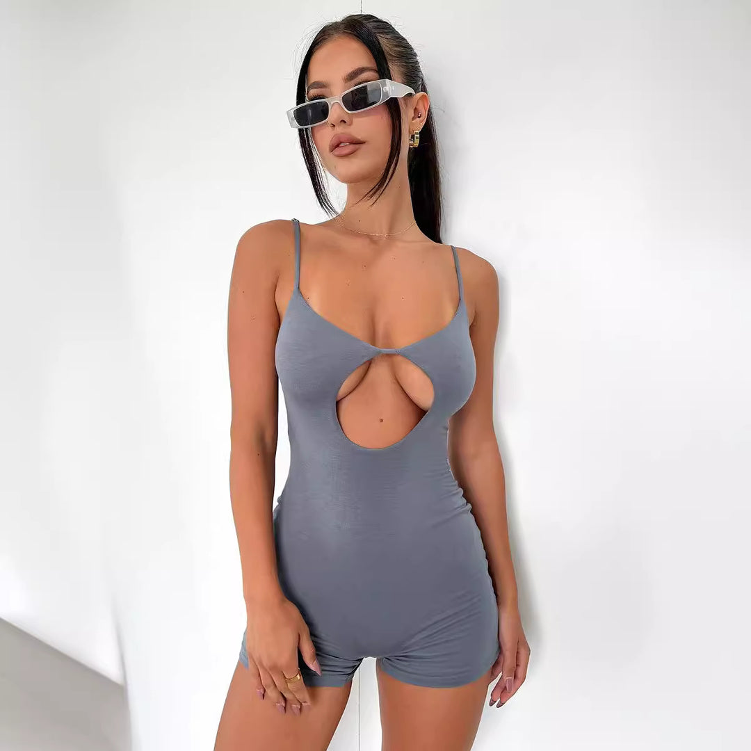 Damen figurbetonter Jumpsuit mit verführerischem Cut-Out und Spaghettiträgern Drune