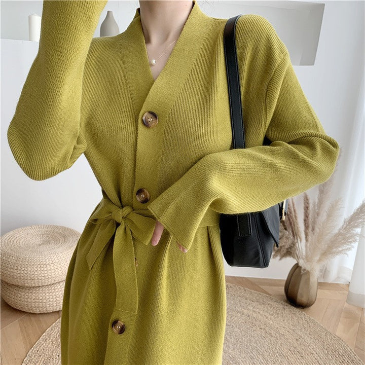 Damen elegantes Strickkleid mit Gürtel und Knöpfen Drune