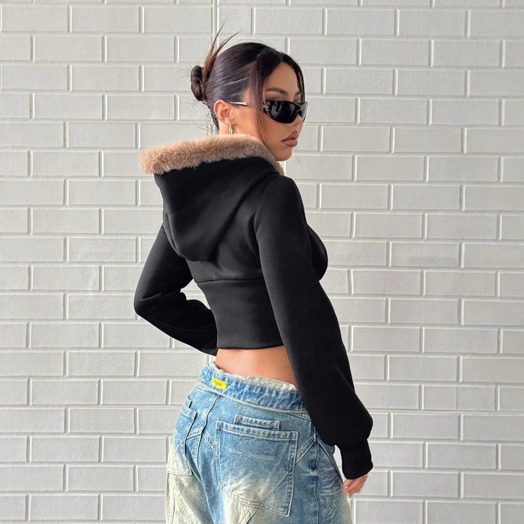Damen cropped Hoodie mit luxuriösem Fellbesatz Drune