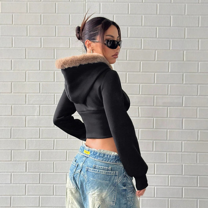 Damen cropped Hoodie mit luxuriösem Fellbesatz Drune