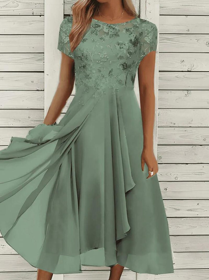 Damen nan fließendes Chiffon-Midikleid mit blumenbesticktem Oberteil und asymmetrischem Stufenrock Drune