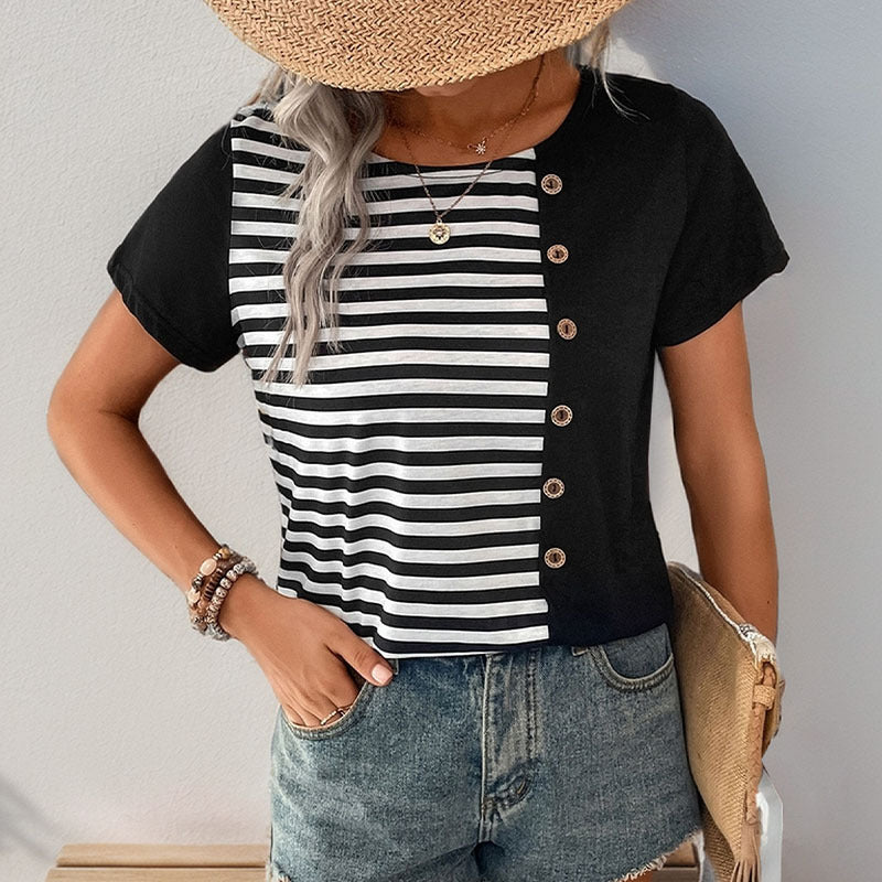 Damen gestreiftes T-Shirt mit Knopfdetails Drune