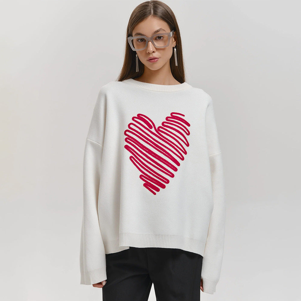 Damen Oversized Pullover mit Herzmotiv und entspanntem Schnitt Drune