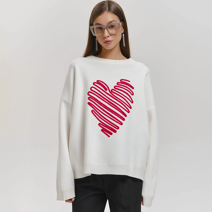 Damen Oversized Pullover mit Herzmotiv und entspanntem Schnitt Drune