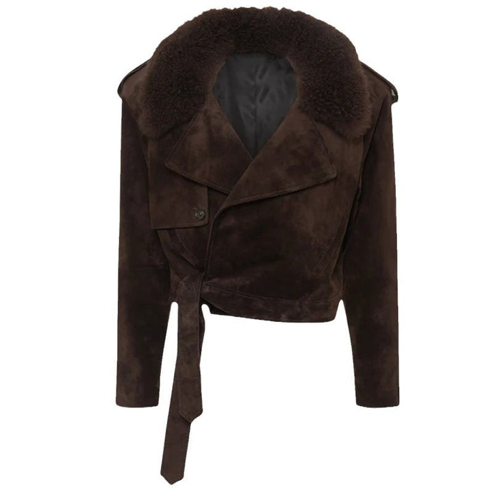 Damen Modische Bikerjacke aus robustem Wildleder mit abnehmbarem Fellkragen Drune