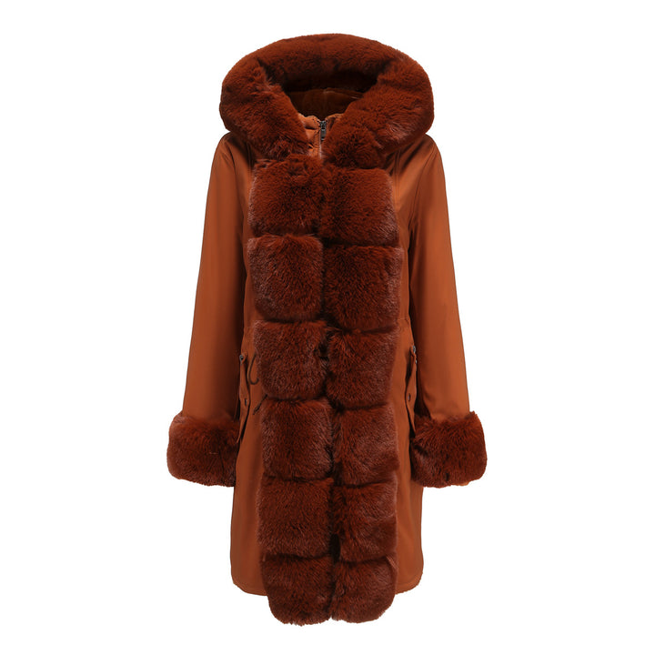 Damen modische Lange Jacke mit Kunstfellbesatz Drune
