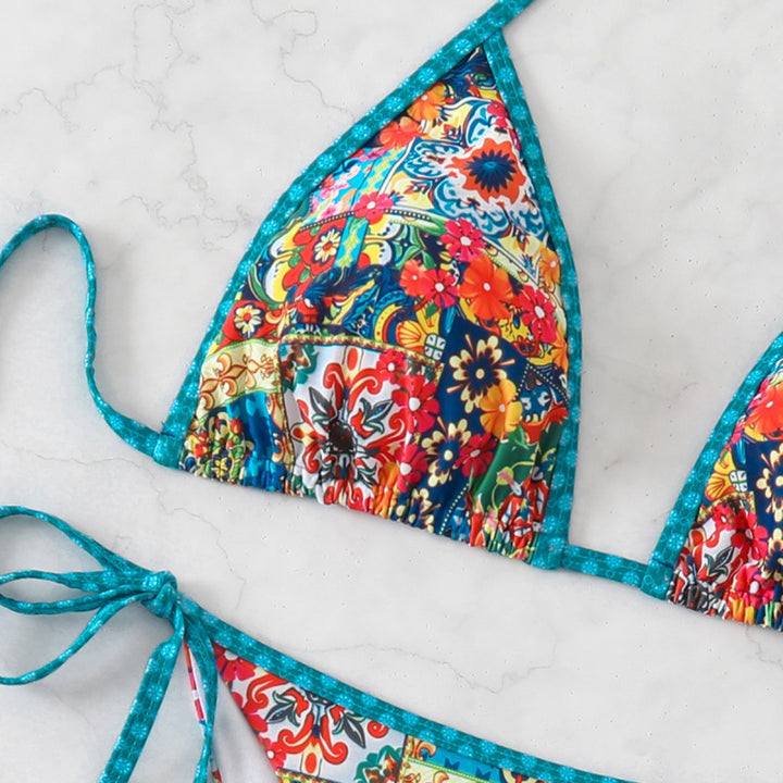 Damen Triangel-Bikini mit bunten Zierstichen und verstellbaren Bindebändern Drune