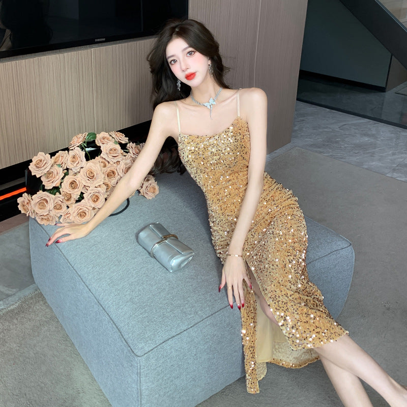 Drune | Spaghetti-Träger Heller Glänzender Leichter Luxus Abendkleid