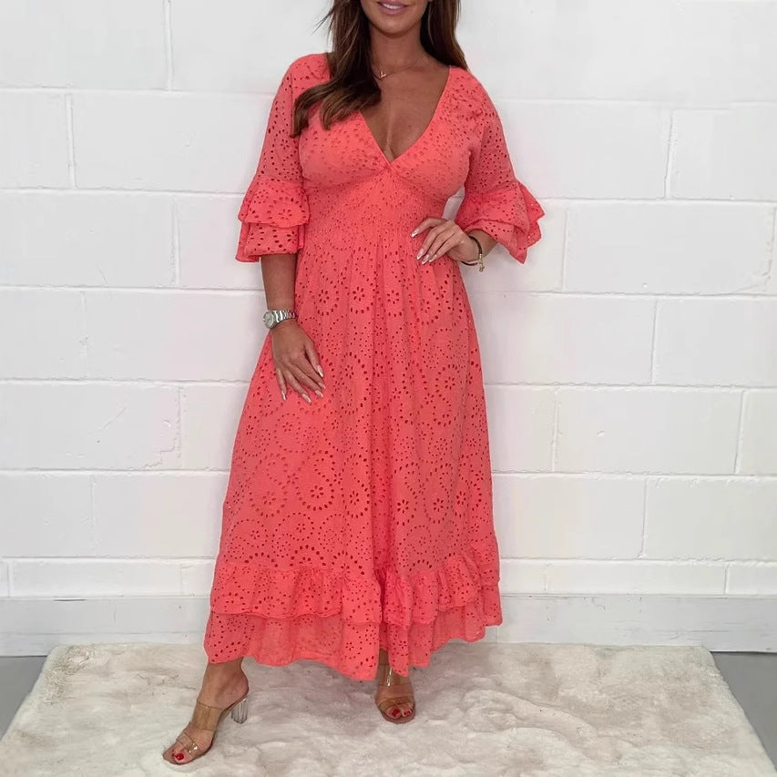 Damen Maxikleid mit floraler Lochstickerei und weiten Ärmeln Drune