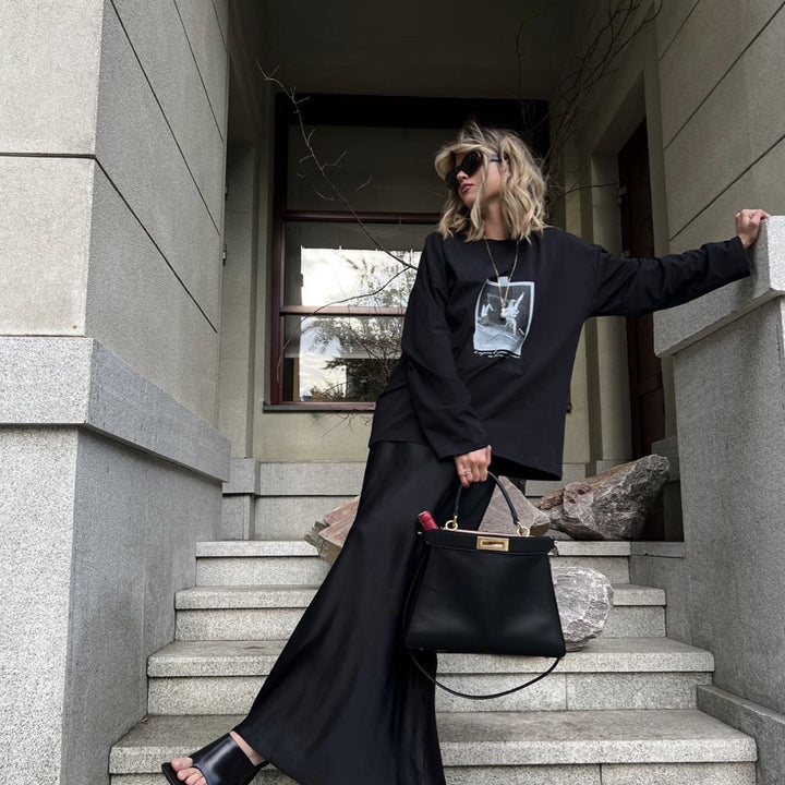 Damen Elegantes Oversized-T-Shirt mit grafischem Print und langen Ärmeln Drune