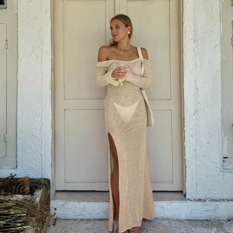 Damen Häkel-Maxikleid mit offener Schulterpartie und seitlichem Schlitz Drune