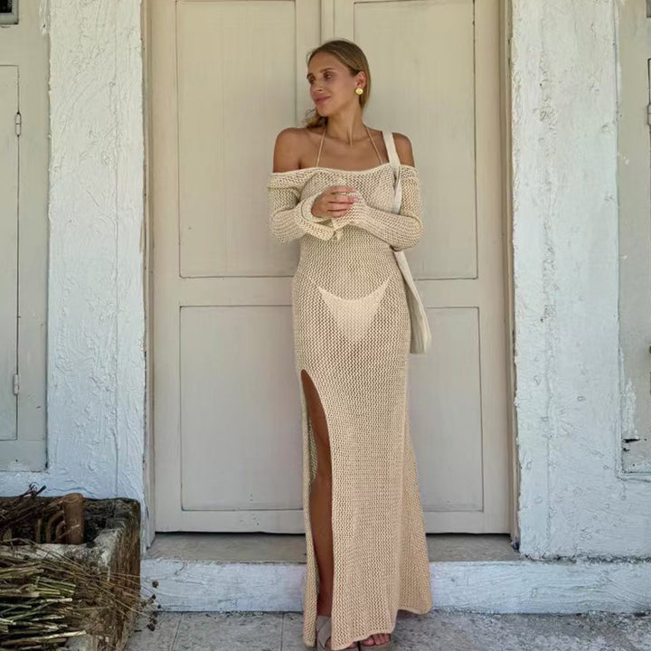 Damen Häkel-Maxikleid mit offener Schulterpartie und seitlichem Schlitz Drune