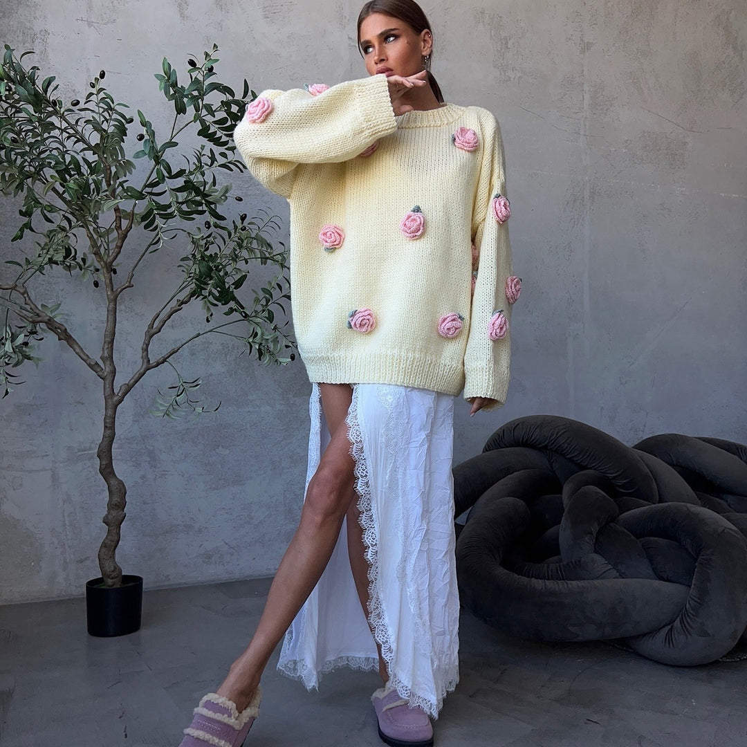 Damen Strickpullover mit floralen Applikationen und lässiger Passform Drune
