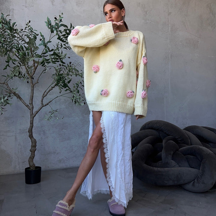 Damen Strickpullover mit floralen Applikationen und lässiger Passform Drune