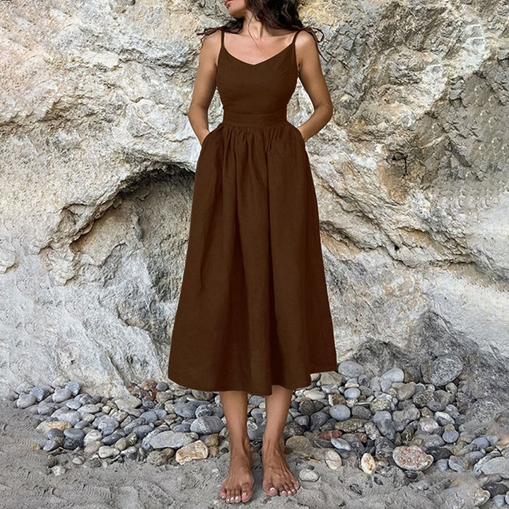 Damen Langes Leinenkleid mit tiefem V-Ausschnitt und taillierter Taille Drune