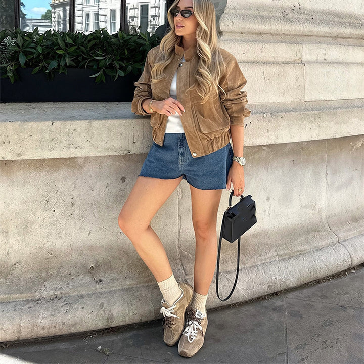 Damen Suede-Jacke im modernen Cropped-Style mit Taschen Drune