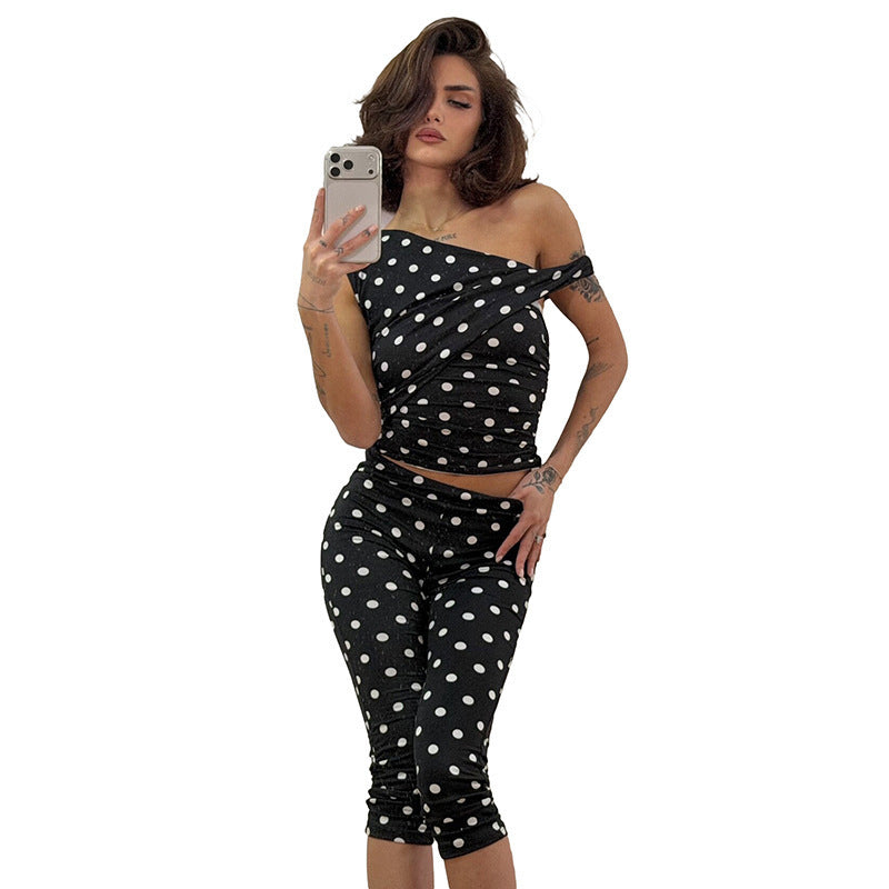 Damen sexy Polka-Dot Oberteil und Leggings Set Drune