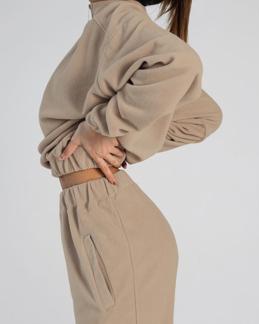 Damen nan kurz geschnittenes Thermo-Fleece-Set mit Halbfront-Reißverschluss und hohem Komfortbund Drune