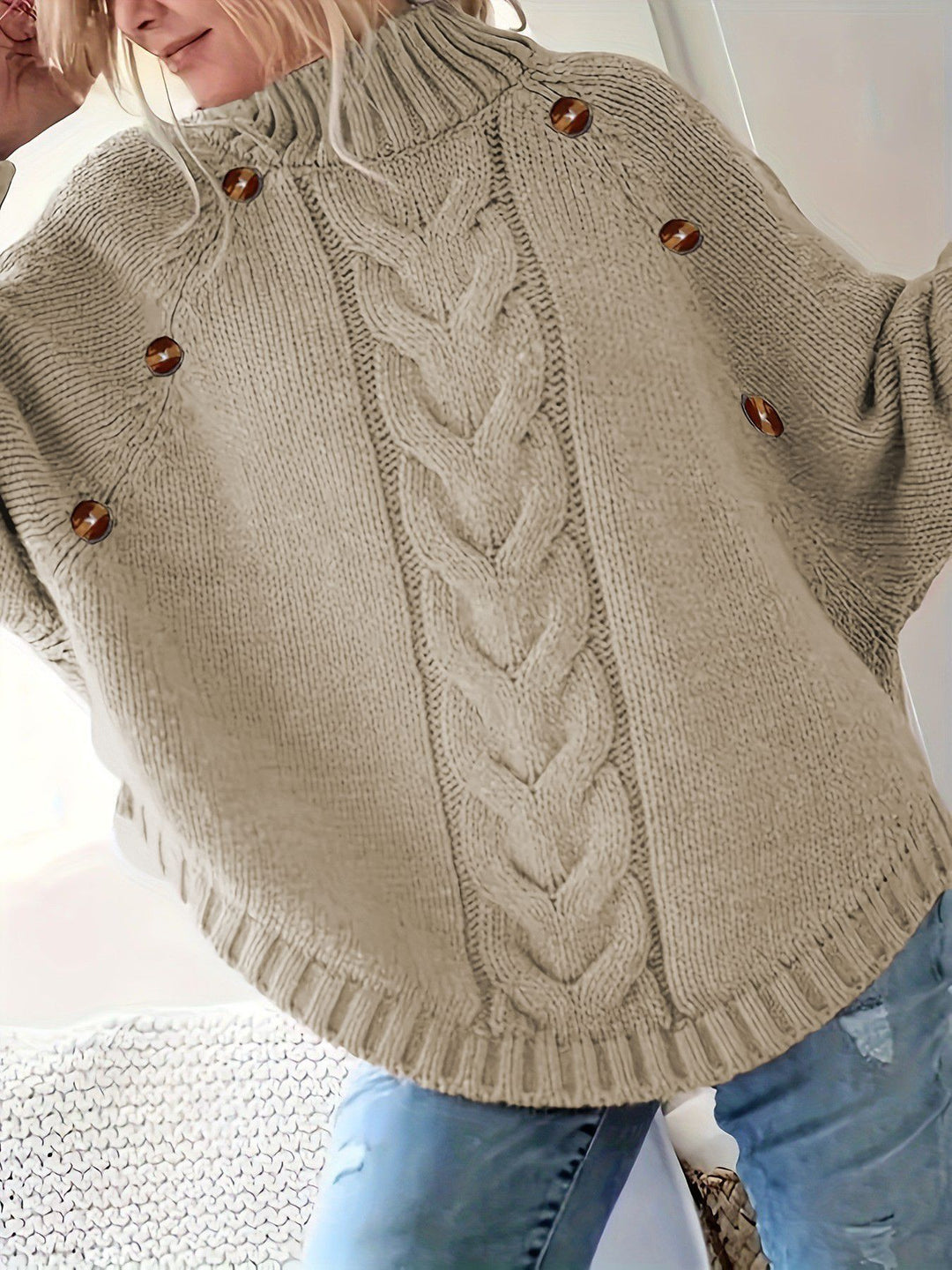 Damen Grobstrickpullover mit hochgeschlossenem Kragen und dekorativer Zopf-Struktur Drune