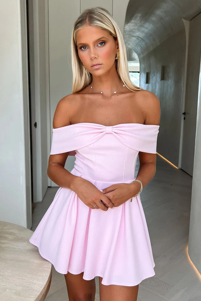 Damen Off-Shoulder Minikleid mit strukturiertem Bustier und schwingendem Rock Drune
