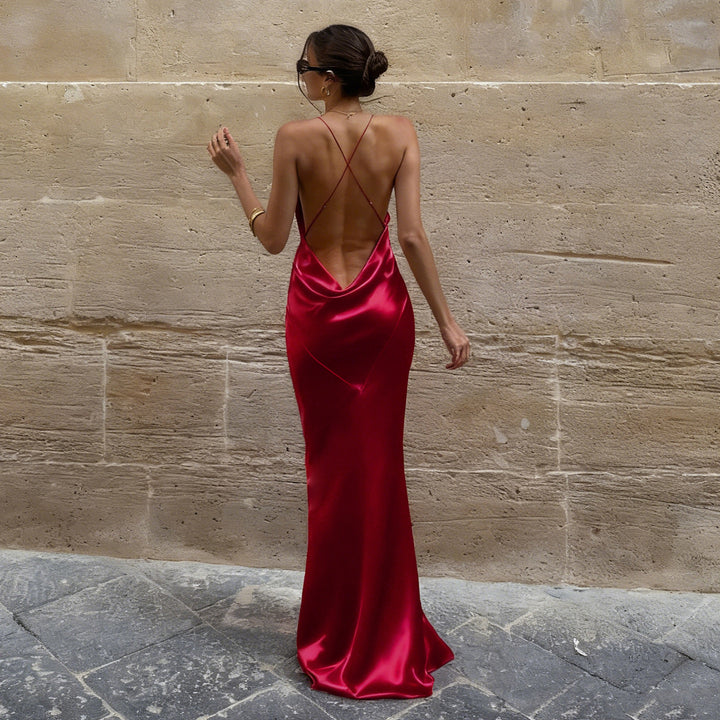 Damen elegantes Maxikleid mit tiefem V-Ausschnitt und fließendem Stoff Drune